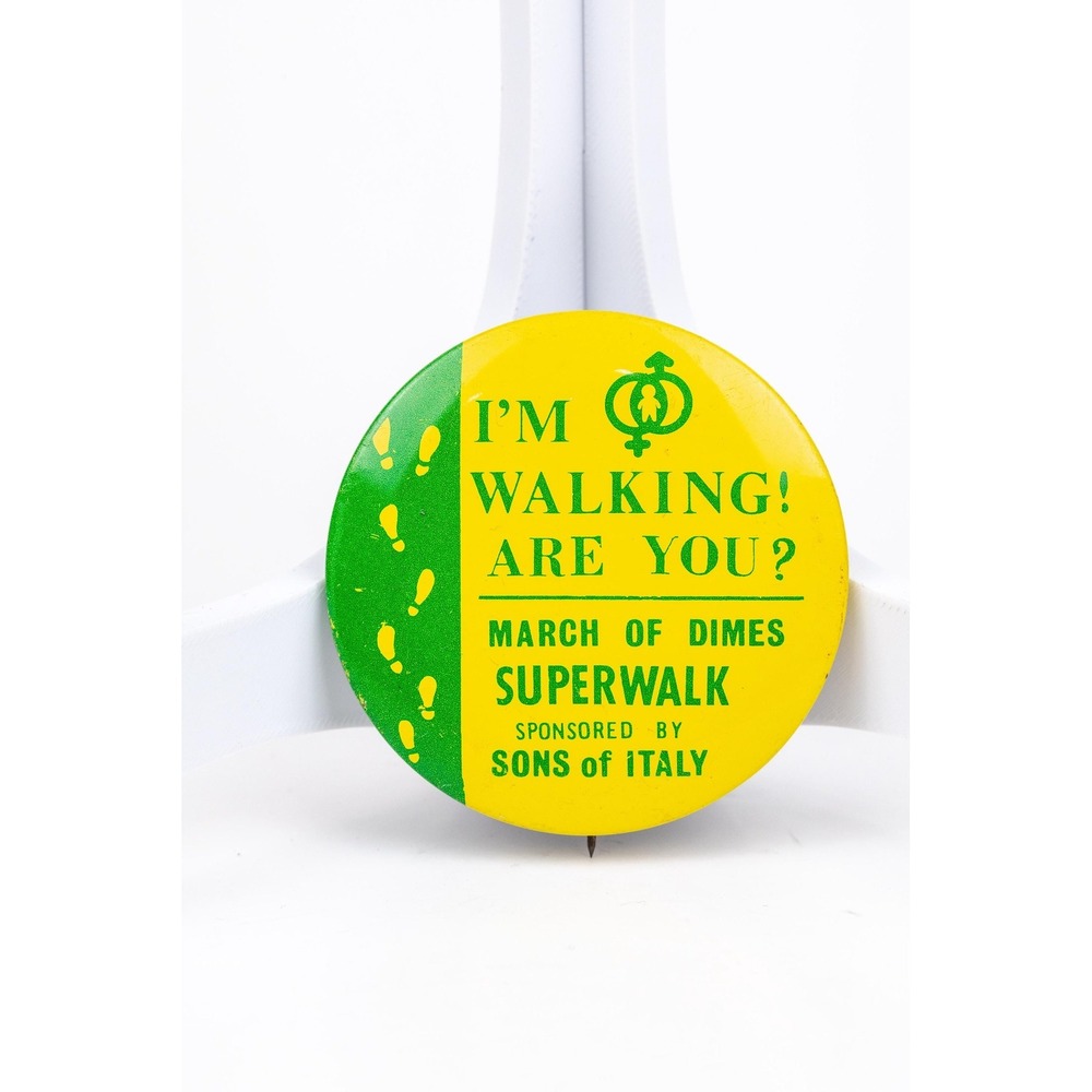 Vintage March of Dimes Superwalk Pin, Sons of Italy Sponsor 1970s Charity Button